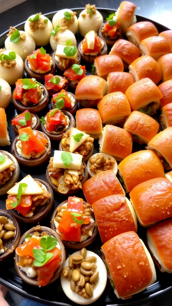 A platter of assorted appetizers including bruschetta, stuffed mushrooms, and mini sliders, garnished and ready to serve.